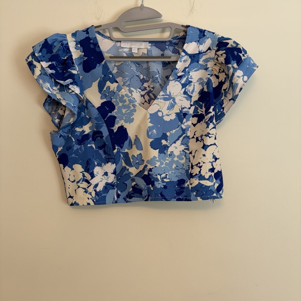 Sugarlips Large Cropped Ruffle Sleeve Blouse Blue White Floral Side Zip Garden